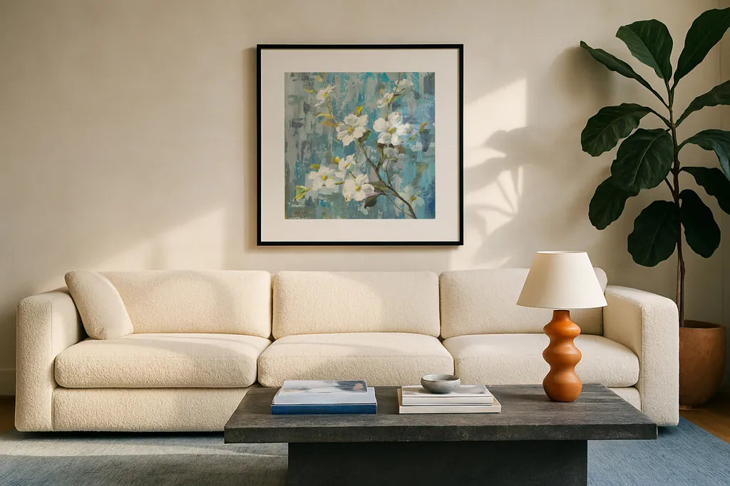 Graceful Magnolia II by Danhui Nai. Displayed in a glass frame with matte in a clean modern living room. Available as an archival giclee rolled canvas, fine art paper, or poster print. SKU 13357a.