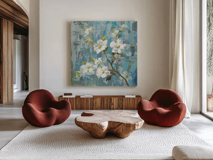 Graceful Magnolia II by Danhui Nai. Shown as extra-large giant wall art in a modern living room. Available as an archival giclee rolled canvas, fine art paper, or poster print. SKU 13357a.