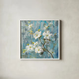 Graceful Magnolia II by Danhui Nai. Shown in a crisp white glass frame for a clean and minimalist style. Available as an archival giclee rolled canvas, fine art paper, or poster print. SKU 91866a.