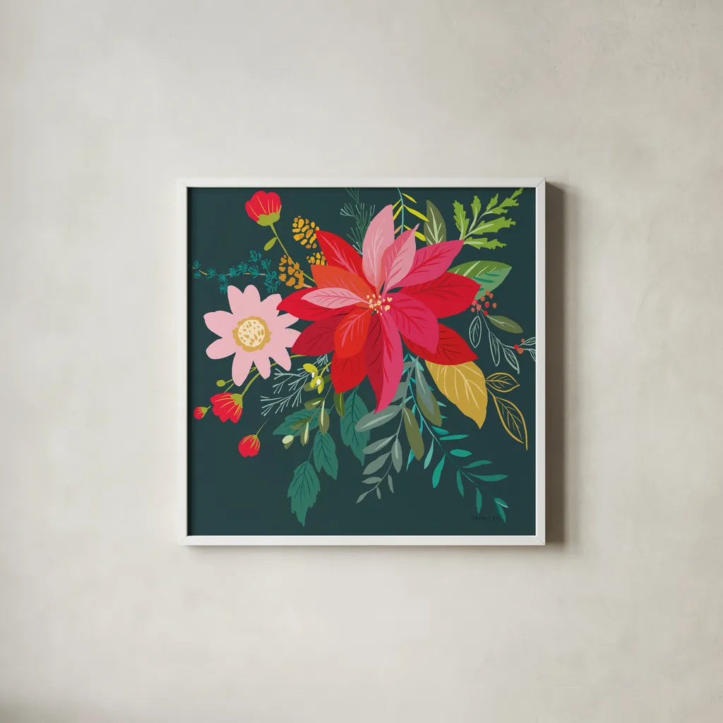 Graphic Christmas I by Danhui Nai. Shown in a crisp white glass frame for a clean and minimalist style. Available as an archival giclee rolled canvas, fine art paper, or poster print. SKU 84421a.