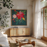 Graphic Christmas I by Danhui Nai. Shown in a natural wood frame in a cozy modern living room. Available as an archival giclee rolled canvas, fine art paper, or poster print. SKU 84421a.