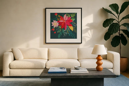 Graphic Christmas I by Danhui Nai. Displayed in a glass frame with matte in a clean modern living room. Available as an archival giclee rolled canvas, fine art paper, or poster print. SKU 84421a.