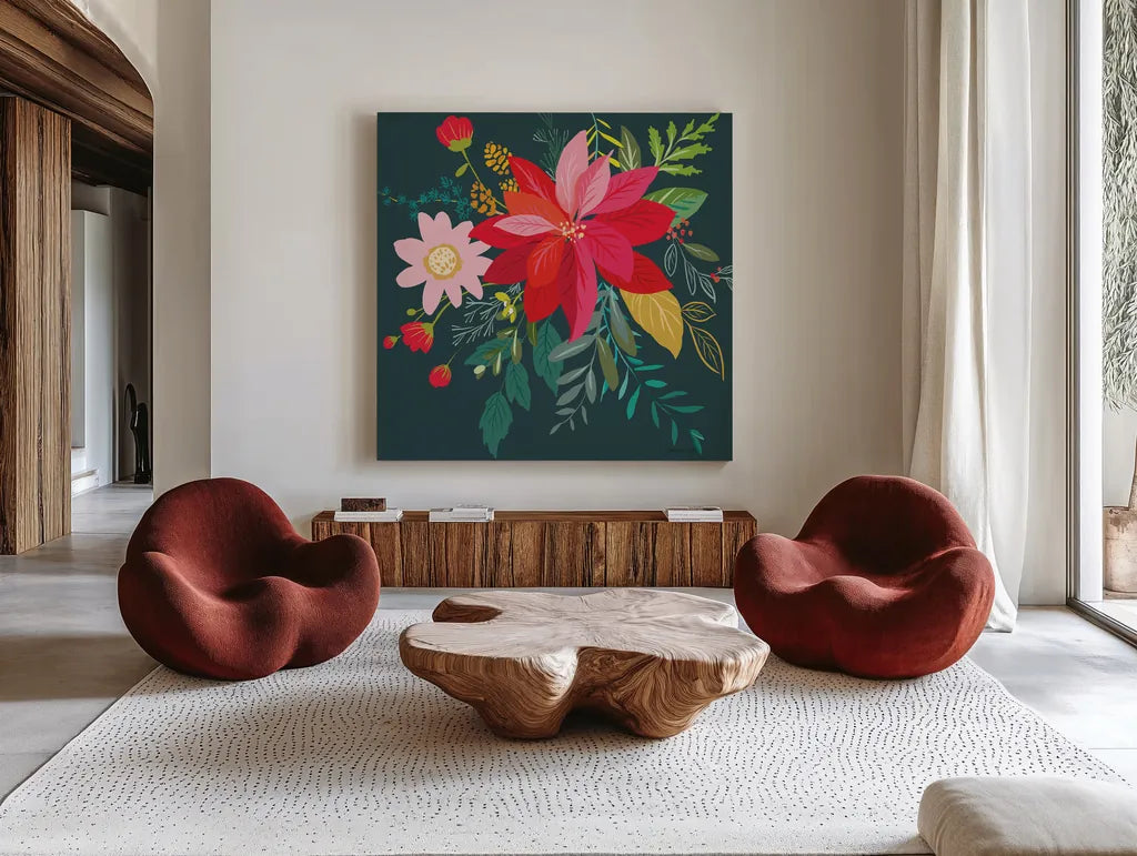 Graphic Christmas I by Danhui Nai. Shown as extra-large giant wall art in a modern living room. Available as an archival giclee rolled canvas, fine art paper, or poster print. SKU 84421a.