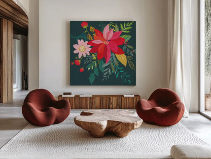 Graphic Christmas I by Danhui Nai. Shown as extra-large giant wall art in a modern living room. Available as an archival giclee rolled canvas, fine art paper, or poster print. SKU 84421a.