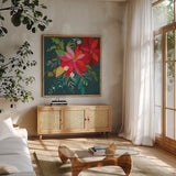 Graphic Christmas II by Danhui Nai. Shown in a natural wood frame in a cozy modern living room. Available as an archival giclee rolled canvas, fine art paper, or poster print. SKU 84422a.