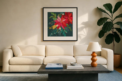 Graphic Christmas II by Danhui Nai. Displayed in a glass frame with matte in a clean modern living room. Available as an archival giclee rolled canvas, fine art paper, or poster print. SKU 84422a.