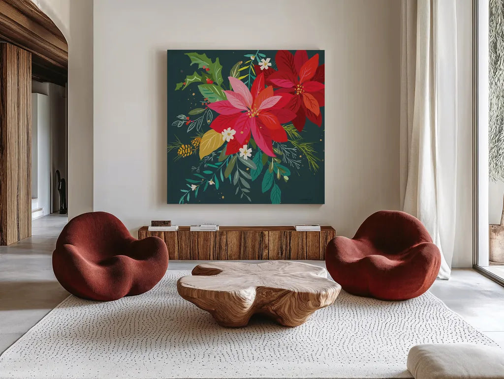 Graphic Christmas II by Danhui Nai. Shown as extra-large giant wall art in a modern living room. Available as an archival giclee rolled canvas, fine art paper, or poster print. SKU 84422a.