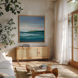 Graphic Seascape by Danhui Nai. Shown in a natural wood frame in a cozy modern living room. Available as an archival giclee rolled canvas, fine art paper, or poster print. SKU 102550a.