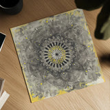 Gray Concentric Mandala by Danhui Nai. Shown as a detailed flat fine art print, highlighting archival giclee quality. Available as an archival giclee rolled canvas, fine art paper, or poster print. SKU 69982a.