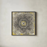 Gray Concentric Mandala by Danhui Nai. Shown in a sleek black glass frame for a contemporary gallery look. Available as an archival giclee rolled canvas, fine art paper, or poster print. SKU 69982a.