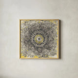 Gray Concentric Mandala by Danhui Nai. Shown in a natural wood glass frame for a timeless modern aesthetic. Available as an archival giclee rolled canvas, fine art paper, or poster print. SKU 69982a.
