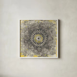 Gray Concentric Mandala by Danhui Nai. Shown in a crisp white glass frame for a clean and minimalist style. Available as an archival giclee rolled canvas, fine art paper, or poster print. SKU 69982a.