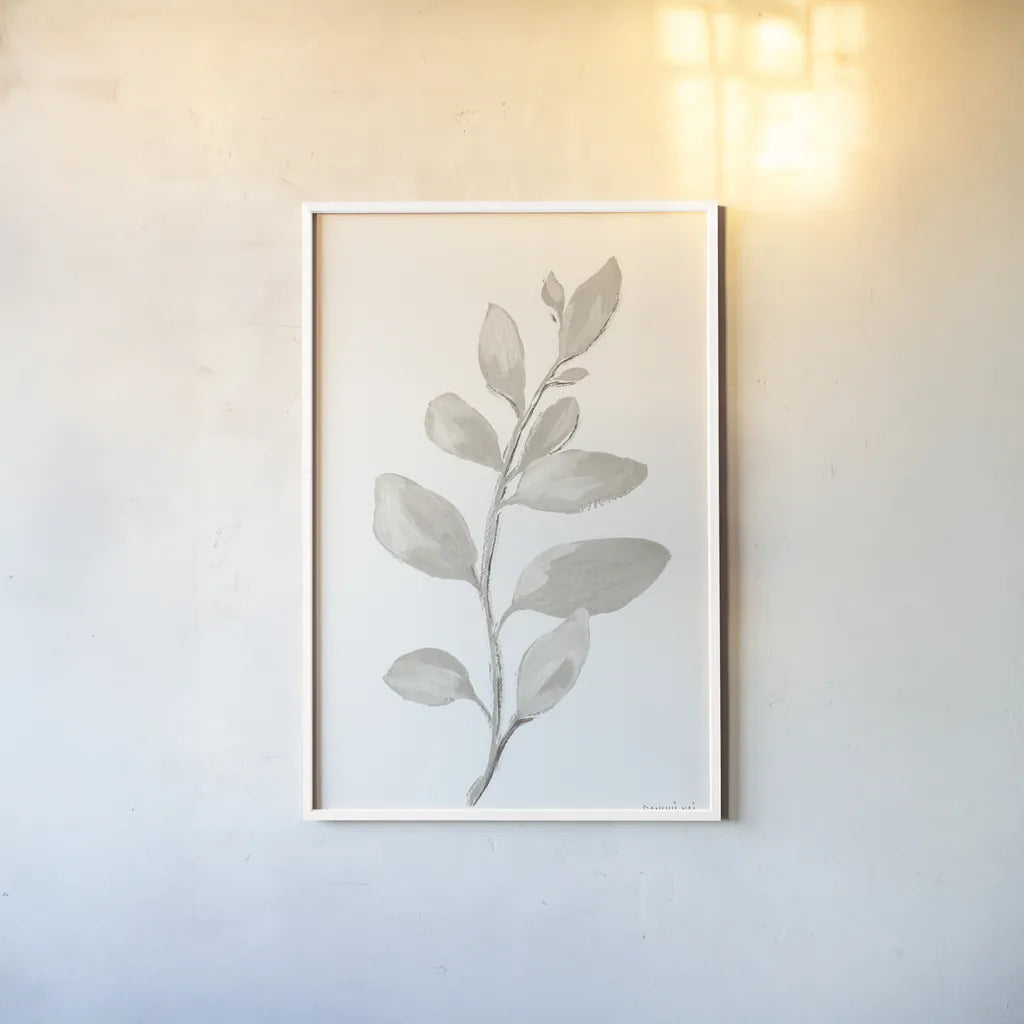 Gray Sage Leaves I on White by Danhui Nai. shown as a paper print in a white frame. Available as a archival giclee rolled canvas, fine art paper, or poster print. SKU 78804h.