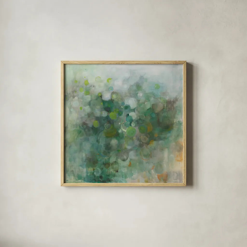 Green Mist by Danhui Nai. Shown in a natural wood glass frame for a timeless modern aesthetic. Available as an archival giclee rolled canvas, fine art paper, or poster print. SKU 82865a.