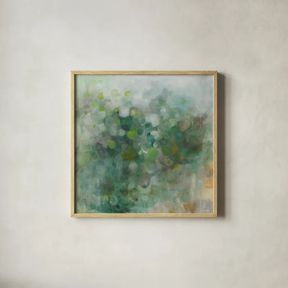 Green Mist by Danhui Nai. Shown in a natural wood glass frame for a timeless modern aesthetic. Available as an archival giclee rolled canvas, fine art paper, or poster print. SKU 82865a.