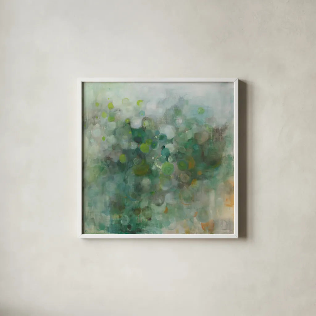 Green Mist by Danhui Nai. Shown in a crisp white glass frame for a clean and minimalist style. Available as an archival giclee rolled canvas, fine art paper, or poster print. SKU 82865a.