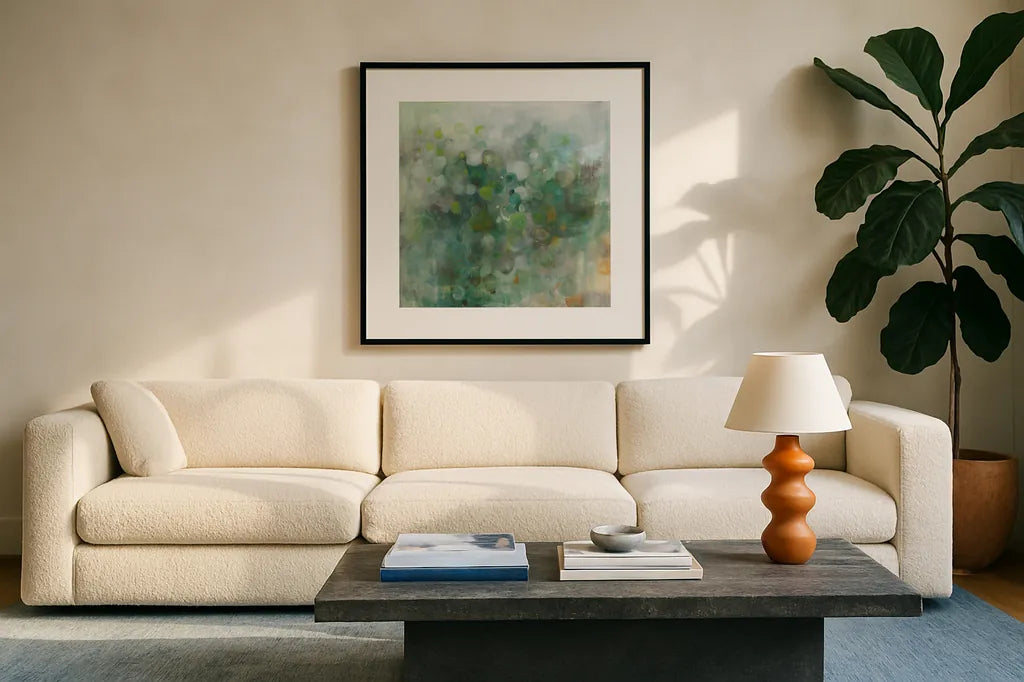 Green Mist by Danhui Nai. Displayed in a glass frame with matte in a clean modern living room. Available as an archival giclee rolled canvas, fine art paper, or poster print. SKU 82865a.