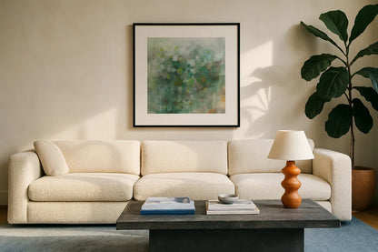 Green Mist by Danhui Nai. Displayed in a glass frame with matte in a clean modern living room. Available as an archival giclee rolled canvas, fine art paper, or poster print. SKU 82865a.