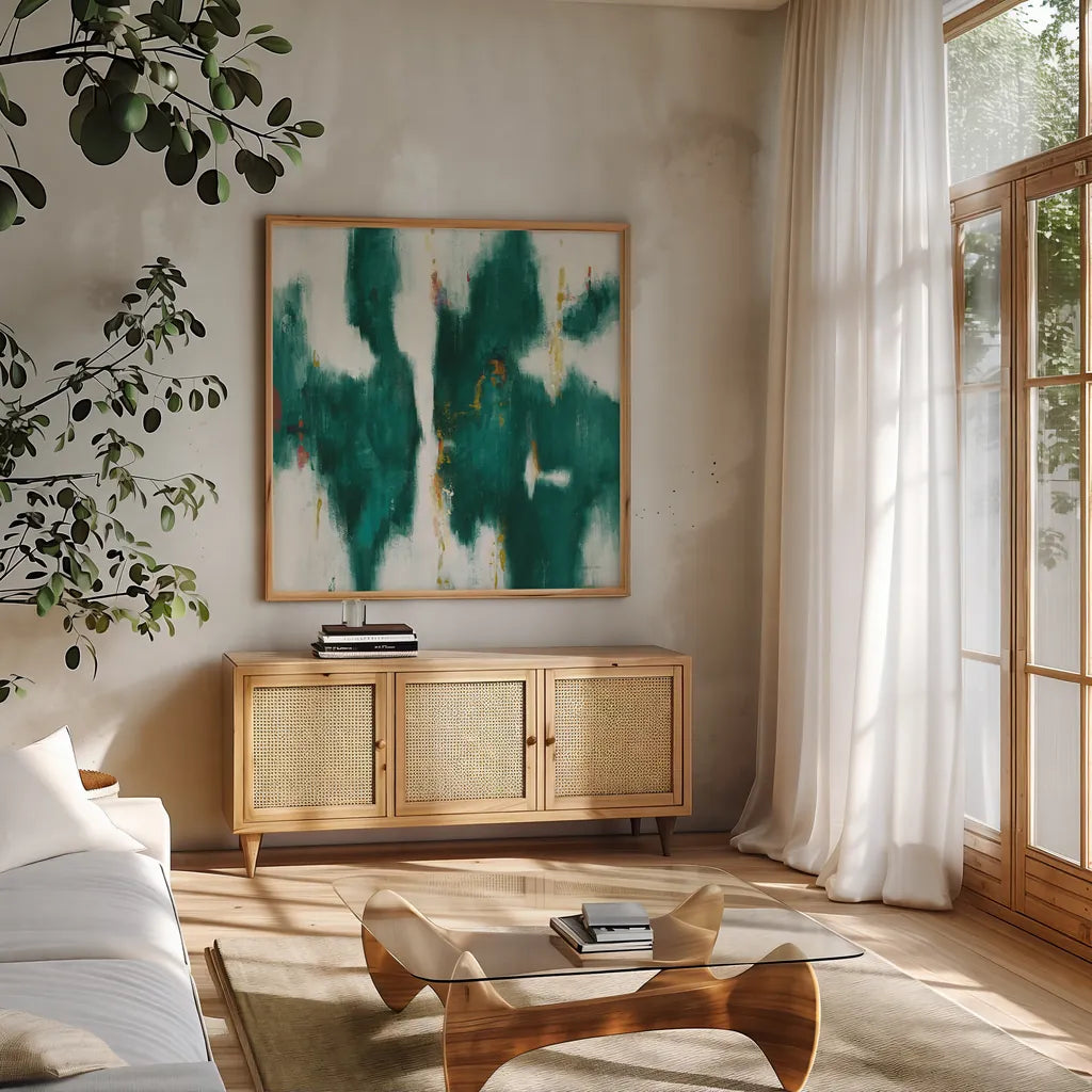 Green Texture I by Danhui Nai. Shown in a natural wood frame in a cozy modern living room. Available as an archival giclee rolled canvas, fine art paper, or poster print. SKU 49780a.