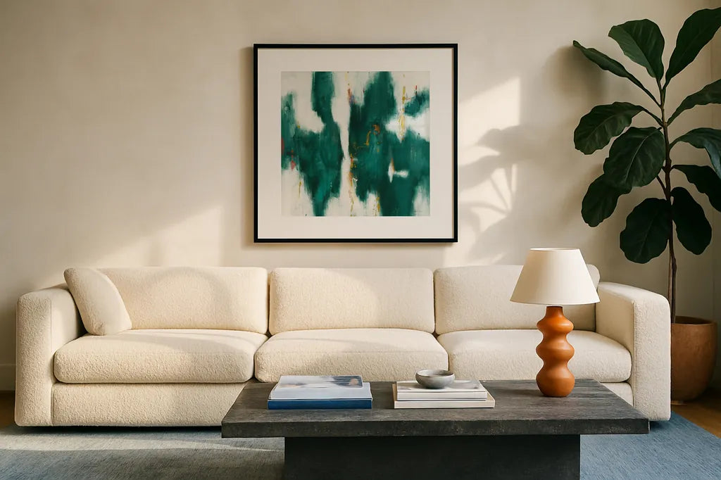 Green Texture I by Danhui Nai. Displayed in a glass frame with matte in a clean modern living room. Available as an archival giclee rolled canvas, fine art paper, or poster print. SKU 49780a.