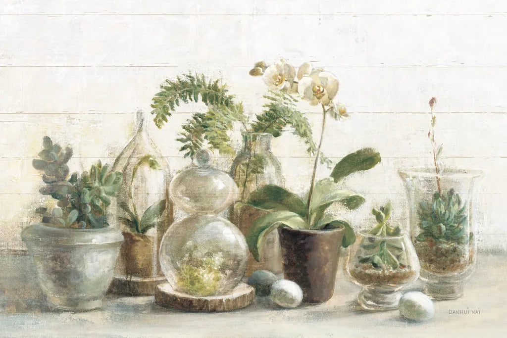 Greenhouse Orchids on Shiplap by Danhui Nai. SKU 34577i. Archival Giclee Fine art print for wall decor.