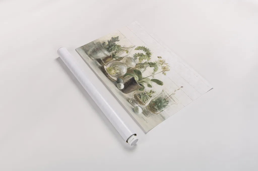 Greenhouse Orchids on Shiplap by Danhui Nai. shown as a rolled paper print. Available as archival giclee rolled canvas, fine art paper, or poster print. SKU 34577i.