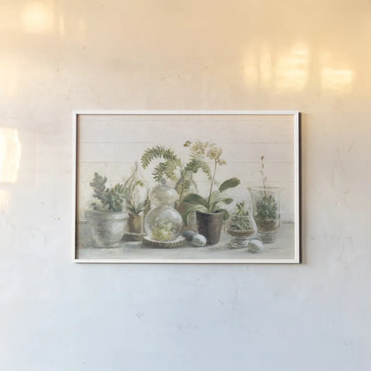 Greenhouse Orchids on Shiplap by Danhui Nai. shown as a paper print in a white frame. Available as a archival giclee rolled canvas, fine art paper, or poster print. SKU 34577i.