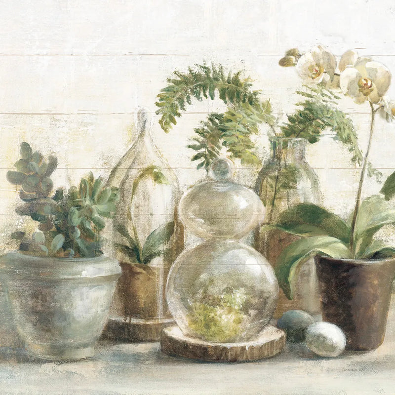 Greenhouse Orchids on Shiplap Crop by Danhui Nai. SKU 34577a. Archival Giclee Fine art print for wall decor.