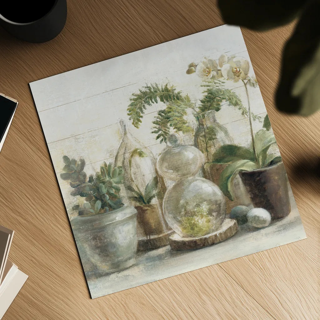 Greenhouse Orchids on Shiplap Crop by Danhui Nai. Shown as a detailed flat fine art print, highlighting archival giclee quality. Available as an archival giclee rolled canvas, fine art paper, or poster print. SKU 34577a.