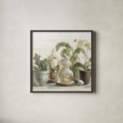Greenhouse Orchids on Shiplap Crop by Danhui Nai. Shown in a sleek black glass frame for a contemporary gallery look. Available as an archival giclee rolled canvas, fine art paper, or poster print. SKU 34577a.