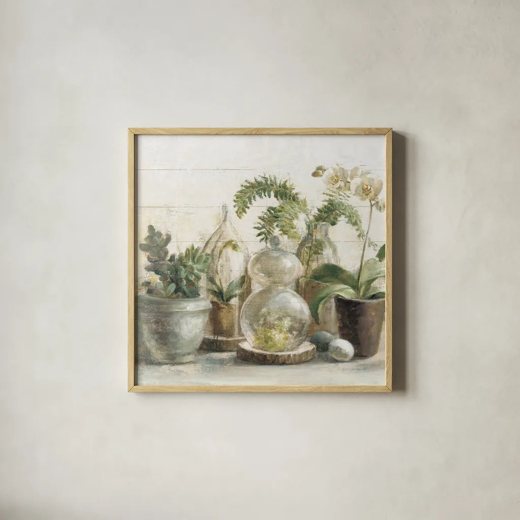 Greenhouse Orchids on Shiplap Crop by Danhui Nai. Shown in a natural wood glass frame for a timeless modern aesthetic. Available as an archival giclee rolled canvas, fine art paper, or poster print. SKU 34577a.