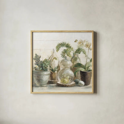 Greenhouse Orchids on Shiplap Crop by Danhui Nai. Shown in a natural wood glass frame for a timeless modern aesthetic. Available as an archival giclee rolled canvas, fine art paper, or poster print. SKU 34577a.