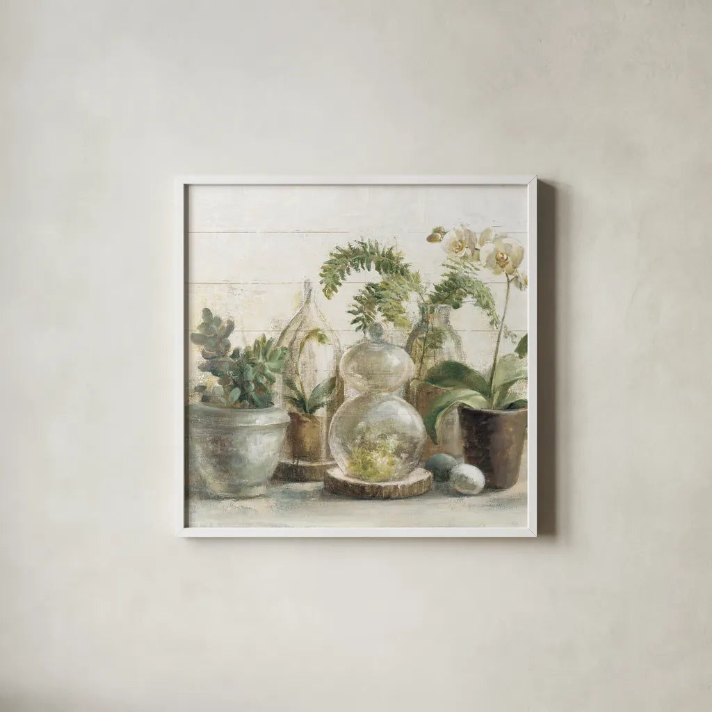Greenhouse Orchids on Shiplap Crop by Danhui Nai. Shown in a crisp white glass frame for a clean and minimalist style. Available as an archival giclee rolled canvas, fine art paper, or poster print. SKU 34577a.