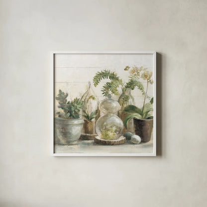 Greenhouse Orchids on Shiplap Crop by Danhui Nai. Shown in a crisp white glass frame for a clean and minimalist style. Available as an archival giclee rolled canvas, fine art paper, or poster print. SKU 34577a.