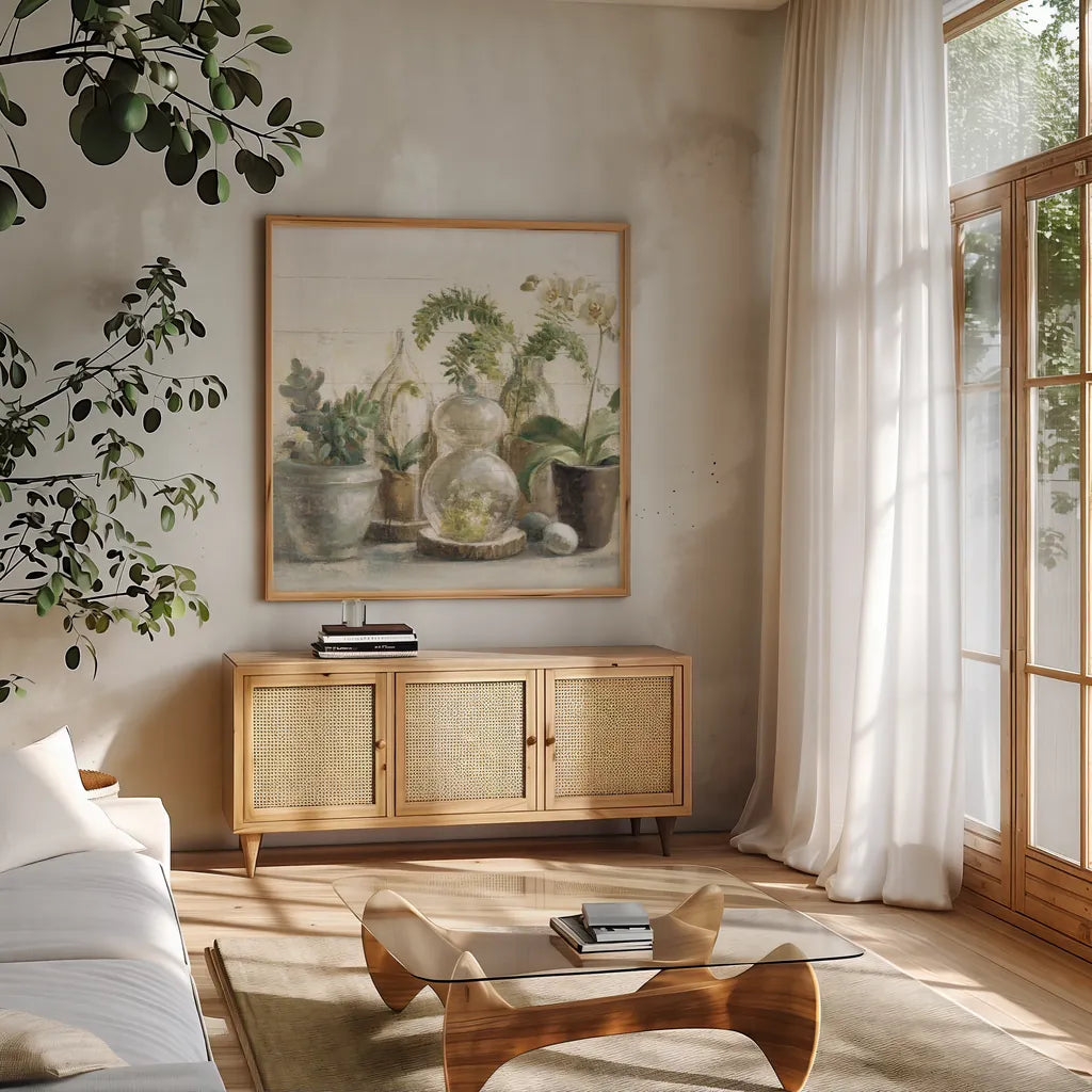 Greenhouse Orchids on Shiplap Crop by Danhui Nai. Shown in a natural wood frame in a cozy modern living room. Available as an archival giclee rolled canvas, fine art paper, or poster print. SKU 34577a.