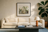 Greenhouse Orchids on Shiplap Crop by Danhui Nai. Displayed in a glass frame with matte in a clean modern living room. Available as an archival giclee rolled canvas, fine art paper, or poster print. SKU 34577a.