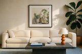 Greenhouse Orchids on Shiplap II by Danhui Nai. Displayed in a glass frame with matte in a clean modern living room. Available as an archival giclee rolled canvas, fine art paper, or poster print. SKU 55193a.