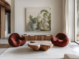 Greenhouse Orchids on Shiplap II by Danhui Nai. Shown as extra-large giant wall art in a modern living room. Available as an archival giclee rolled canvas, fine art paper, or poster print. SKU 55193a.