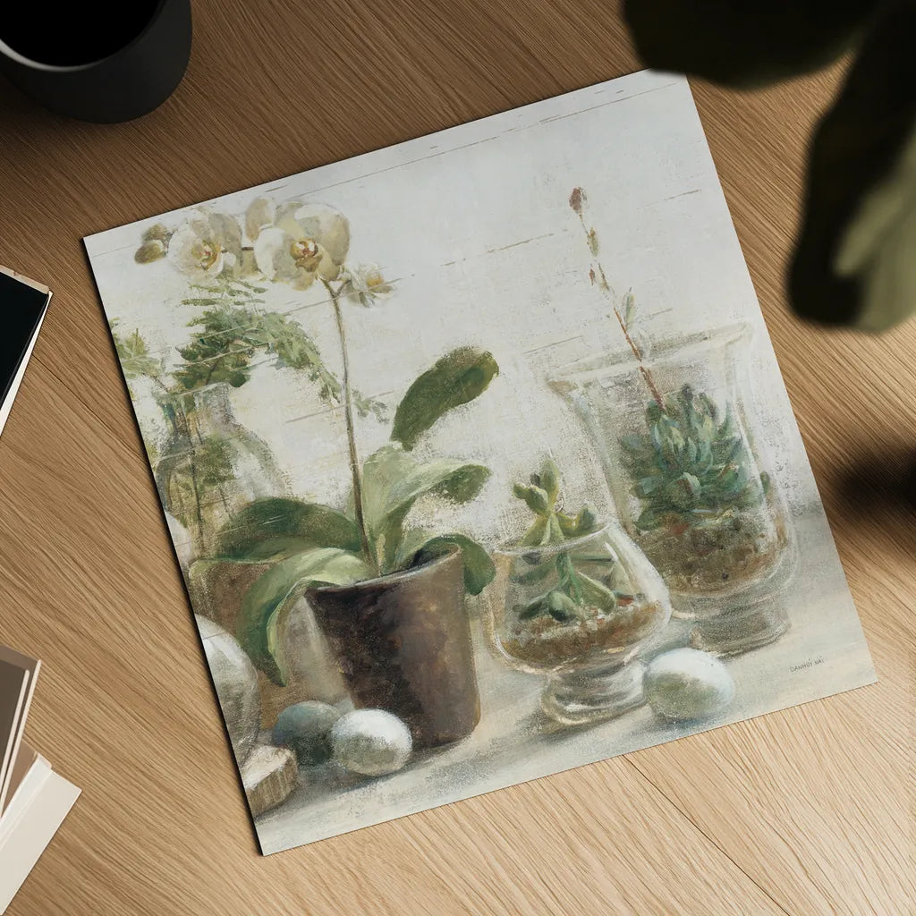 Greenhouse Orchids on Shiplap III by Danhui Nai. Shown as a detailed flat fine art print, highlighting archival giclee quality. Available as an archival giclee rolled canvas, fine art paper, or poster print. SKU 55194a.