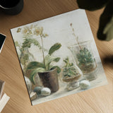 Greenhouse Orchids on Shiplap III by Danhui Nai. Shown as a detailed flat fine art print, highlighting archival giclee quality. Available as an archival giclee rolled canvas, fine art paper, or poster print. SKU 55194a.