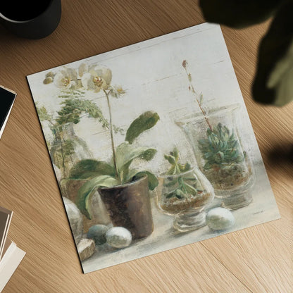 Greenhouse Orchids on Shiplap III by Danhui Nai. Shown as a detailed flat fine art print, highlighting archival giclee quality. Available as an archival giclee rolled canvas, fine art paper, or poster print. SKU 55194a.