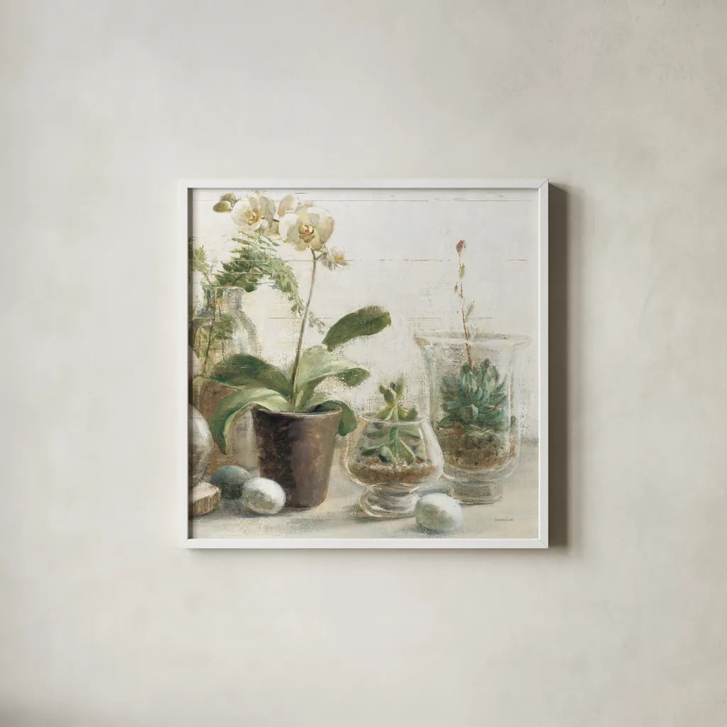 Greenhouse Orchids on Shiplap III by Danhui Nai. Shown in a crisp white glass frame for a clean and minimalist style. Available as an archival giclee rolled canvas, fine art paper, or poster print. SKU 55194a.
