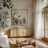 Greenhouse Orchids on Shiplap III by Danhui Nai. Shown in a natural wood frame in a cozy modern living room. Available as an archival giclee rolled canvas, fine art paper, or poster print. SKU 55194a.