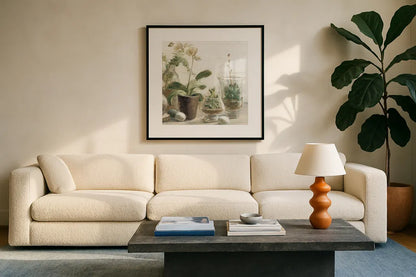 Greenhouse Orchids on Shiplap III by Danhui Nai. Displayed in a glass frame with matte in a clean modern living room. Available as an archival giclee rolled canvas, fine art paper, or poster print. SKU 55194a.