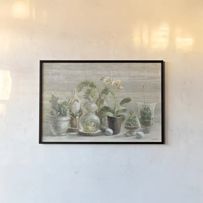 Greenhouse Orchids on Wood by Danhui Nai. shown as a paper print in a black flame. Available as a archival giclee rolled canvas, fine art paper, or poster print. SKU 22021i.