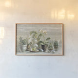 Greenhouse Orchids on Wood by Danhui Nai. shown as a paper print in a natural frame. Available as a archival giclee rolled canvas, fine art paper, or poster print. SKU 22021i.