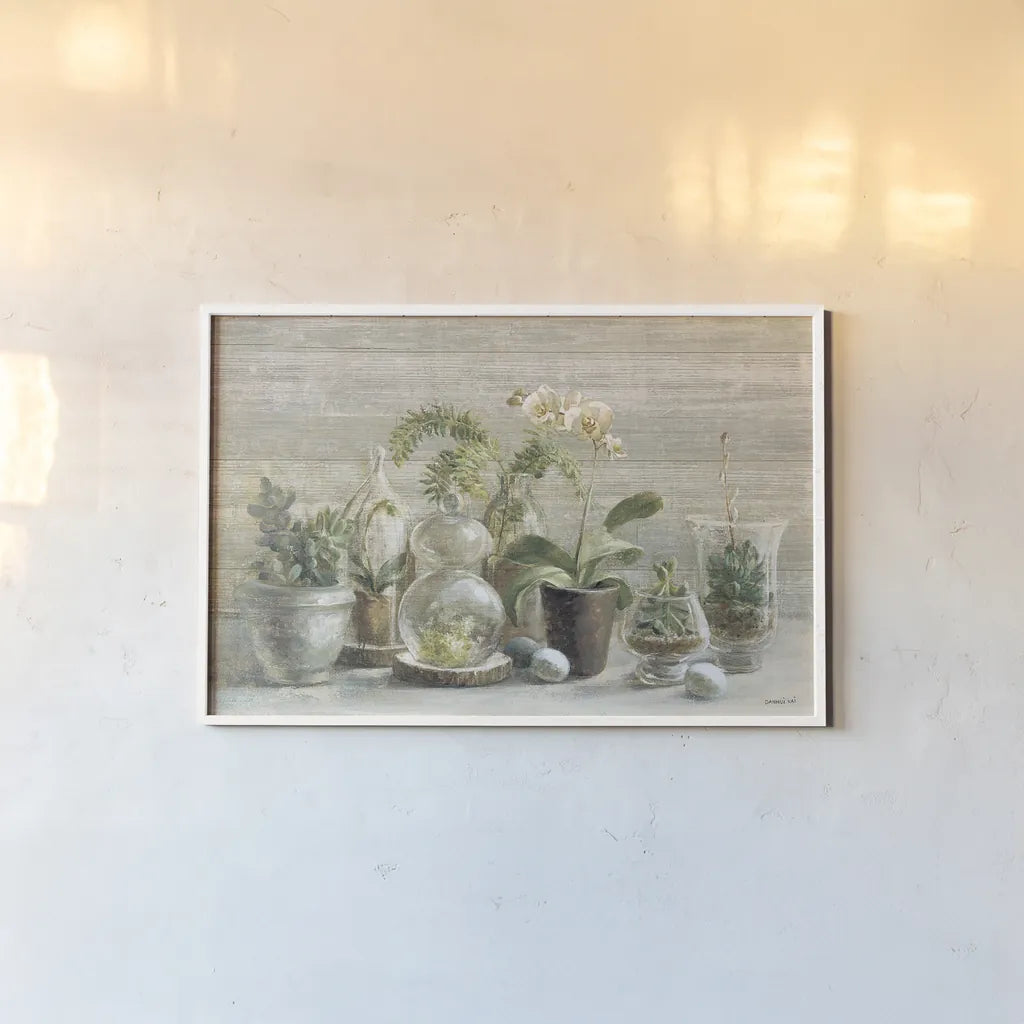 Greenhouse Orchids on Wood by Danhui Nai. shown as a paper print in a white frame. Available as a archival giclee rolled canvas, fine art paper, or poster print. SKU 22021i.