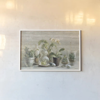 Greenhouse Orchids on Wood by Danhui Nai. shown as a paper print in a white frame. Available as a archival giclee rolled canvas, fine art paper, or poster print. SKU 22021i.