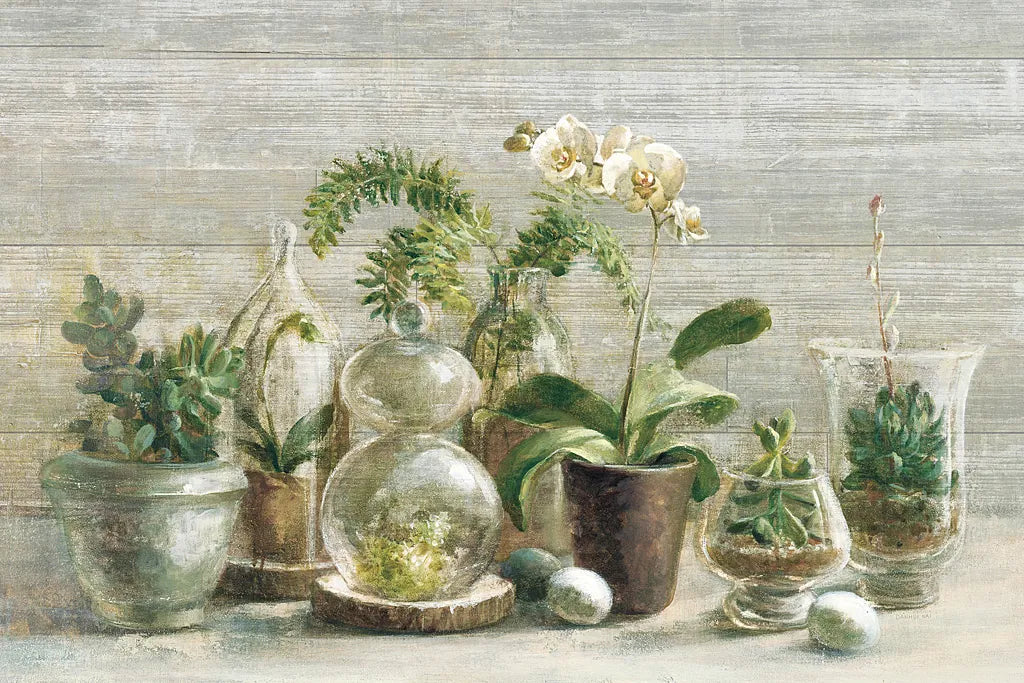 Greenhouse Orchids on Wood v2 by Danhui Nai. SKU 22240i. Archival Giclee Fine art print for wall decor.