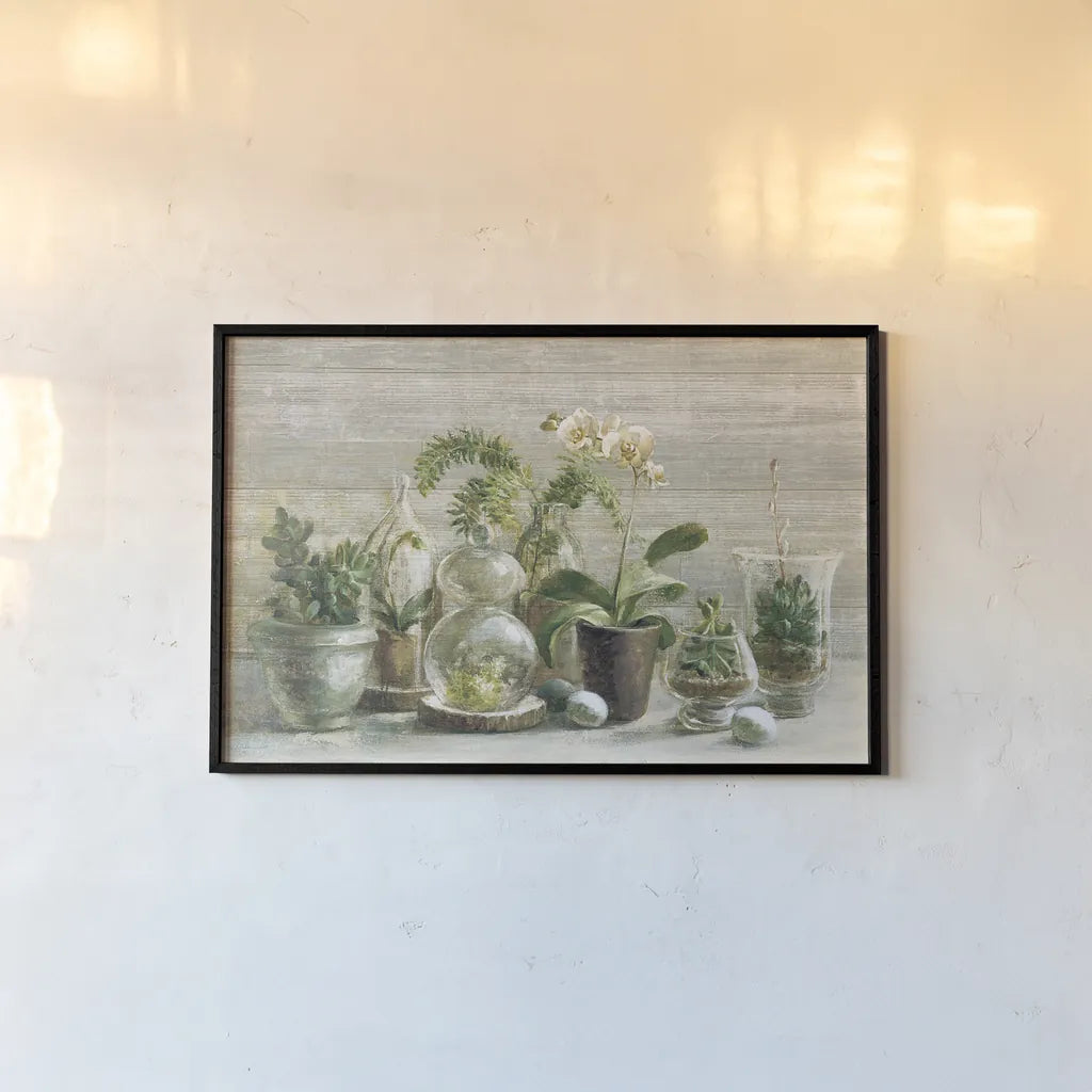 Greenhouse Orchids on Wood v2 by Danhui Nai. shown as a paper print in a black flame. Available as a archival giclee rolled canvas, fine art paper, or poster print. SKU 22240i.
